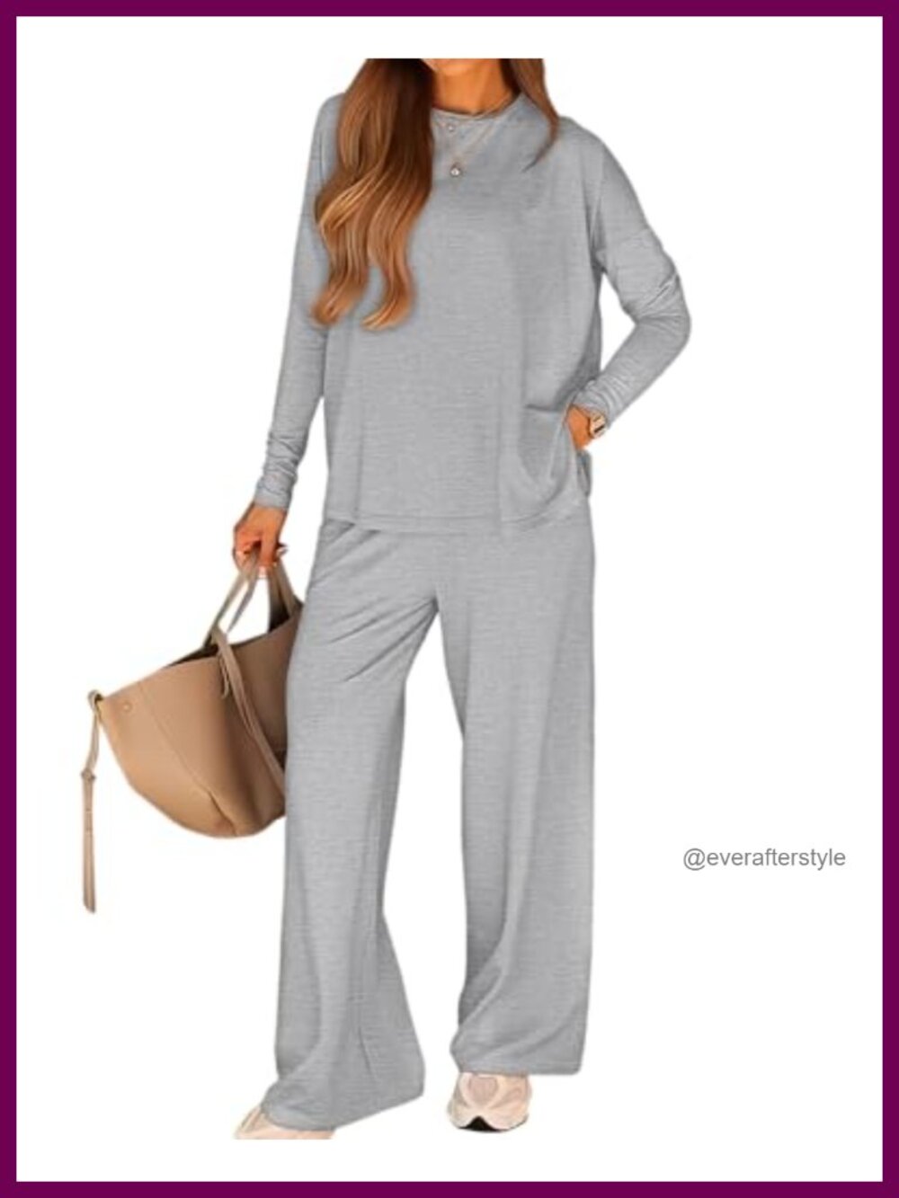 Women's 2 Piece Lounge Set Long Sleeve Top Wide Leg Pants with Pockets